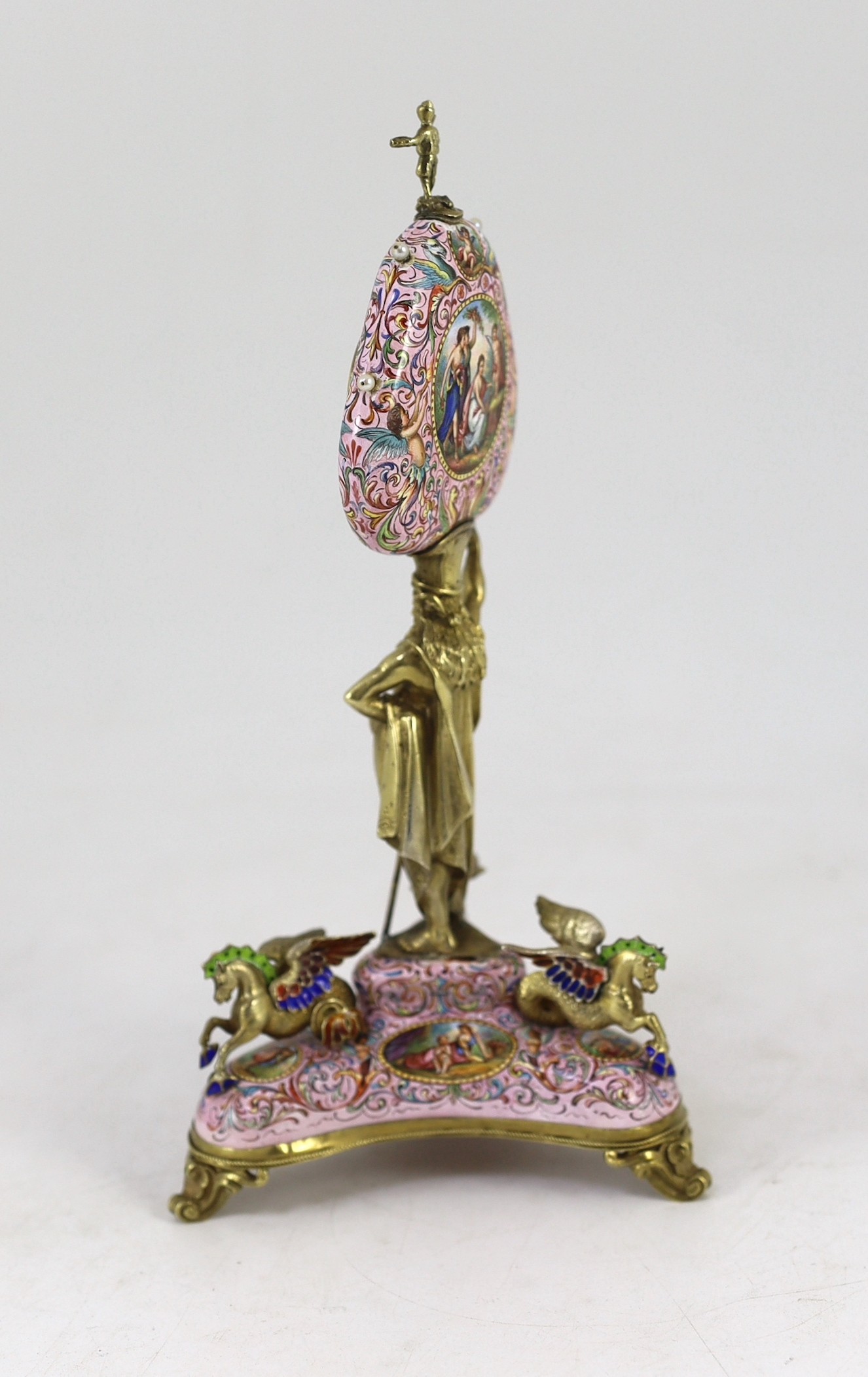 A 19th century Austrian silver-gilt and painted enamel timepiece, Karl Bender, c.1880, width 12cm, height 24cm